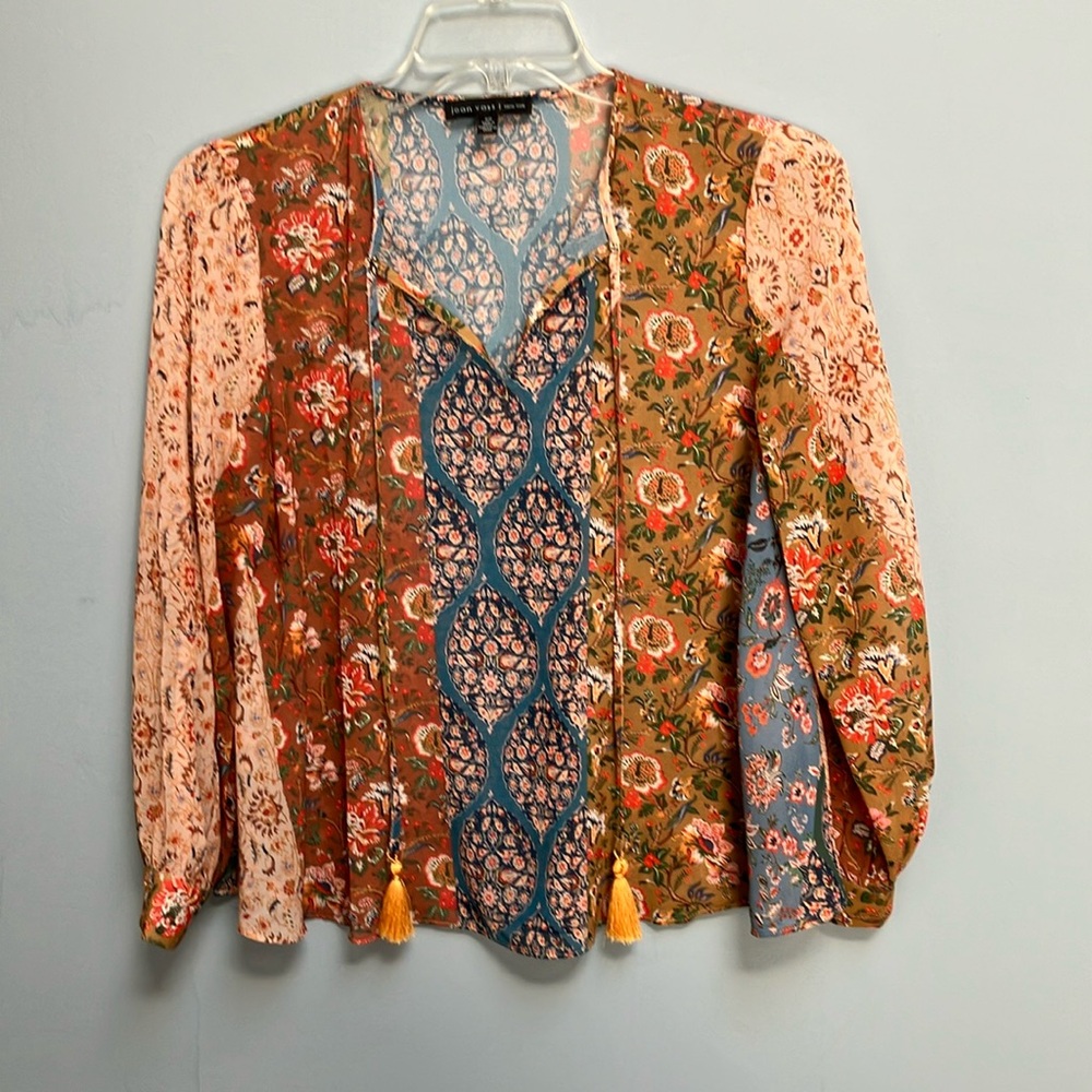 Joan Vass  Multicolor S  Long Sleeve Sheer Peasant Bohemian Blouse Tassel Tie